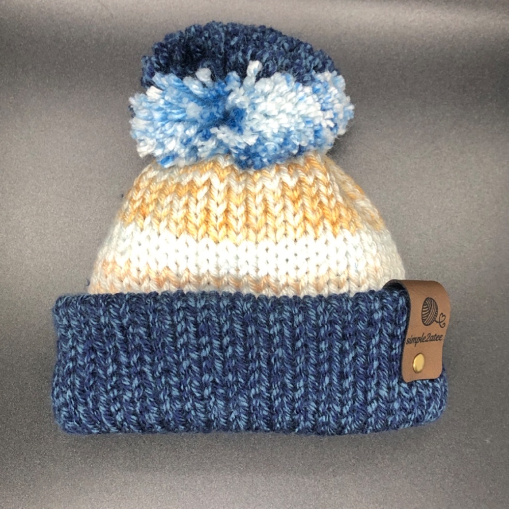 Baby INFANT Surf's Up Blue Mix Knit Beanie Hat with Pom-Pom Fits 0-6 Mo